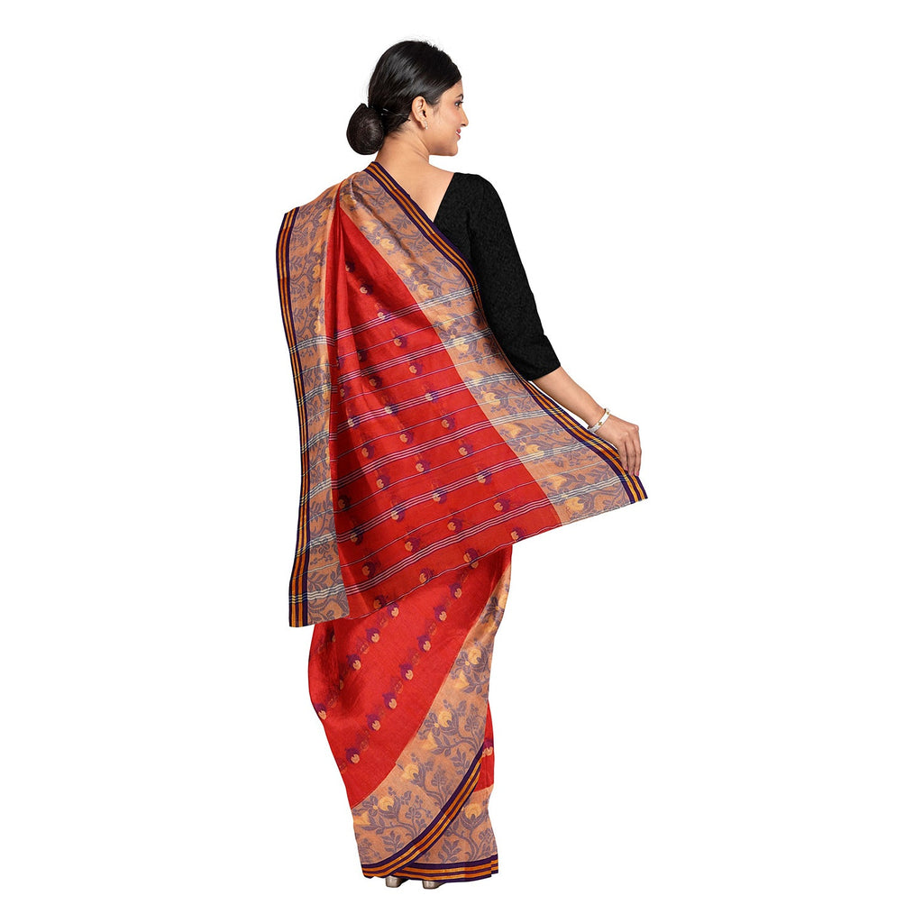 Exclusive Collection 100% Pure Cotton Red Tant Saree With Hand Weaving Work | Grocsy