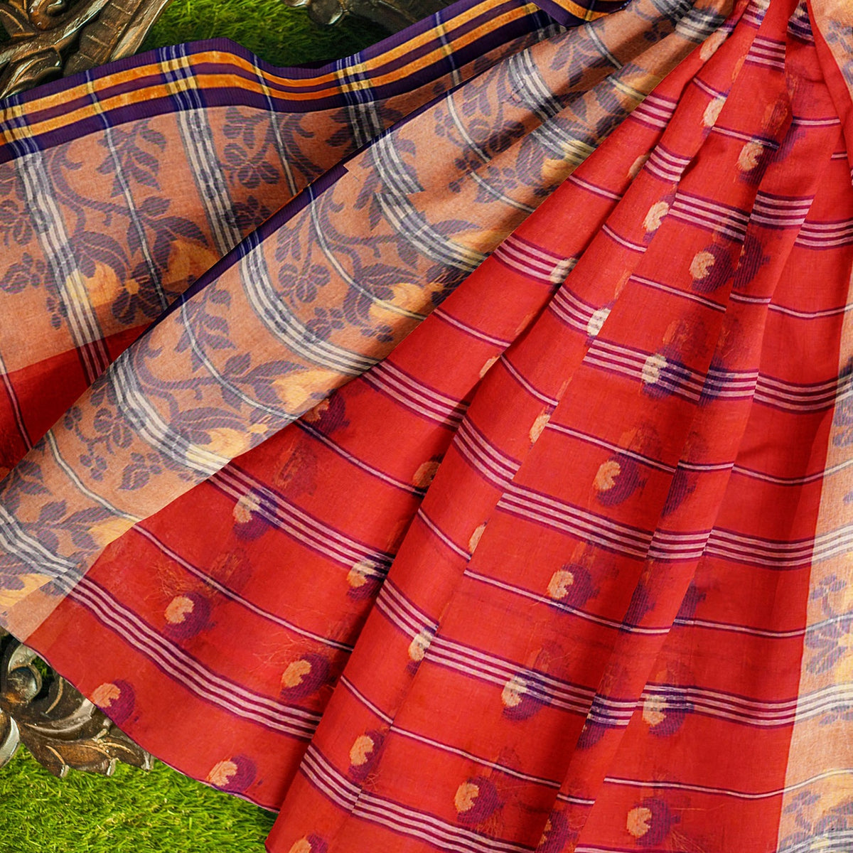 Exclusive Collection 100% Pure Cotton Red Tant Saree With Hand Weaving Work | Grocsy