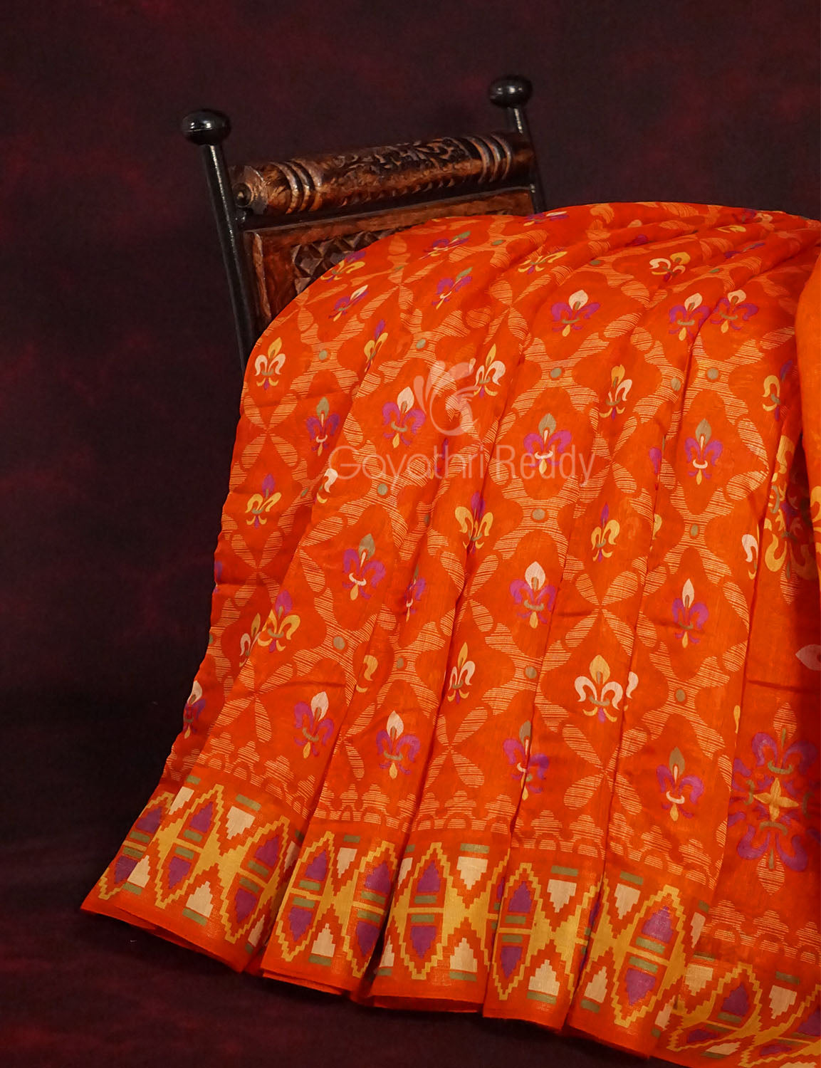 Orange All Over Printed Semi Chanderi Saree By Gayathri Reddy Designer Studio | Grocsy