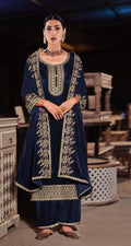 Lorenvalley Fashion Women Blue Velvet Embroidered Salwar Suit Material | Grocsy