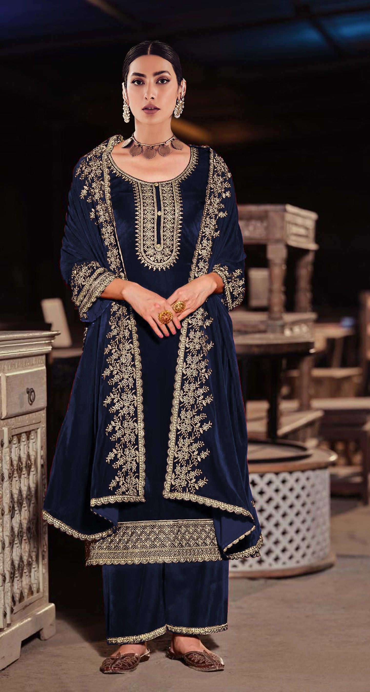 Lorenvalley Fashion Women Blue Velvet Embroidered Salwar Suit Material | Grocsy