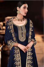 Lorenvalley Fashion Women Blue Velvet Embroidered Salwar Suit Material | Grocsy