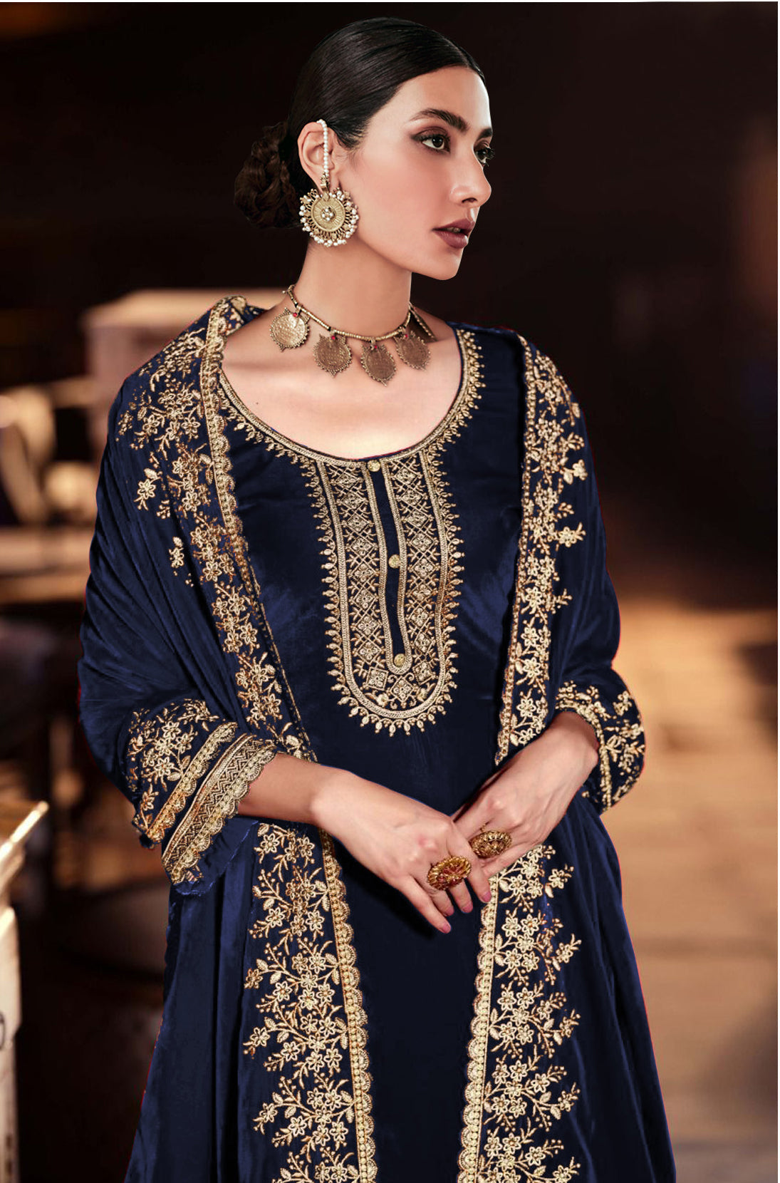 Lorenvalley Fashion Women Blue Velvet Embroidered Salwar Suit Material | Grocsy