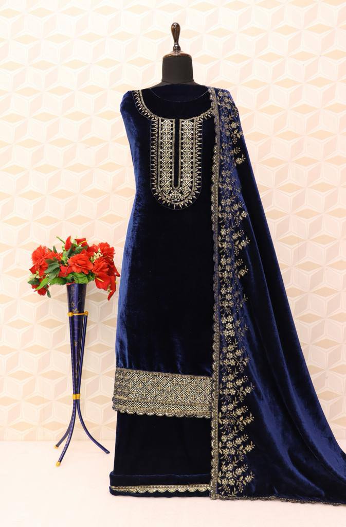 Lorenvalley Fashion Women Blue Velvet Embroidered Salwar Suit Material | Grocsy