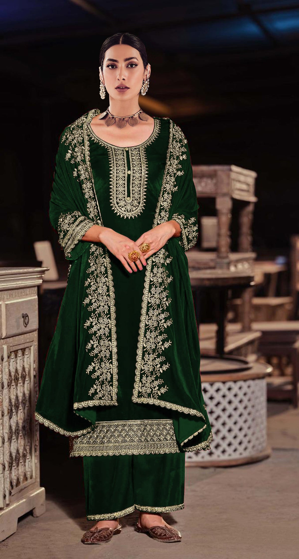 Lorenvalley Fashion Women Green Velvet Embroidered Salwar Suit Material | Grocsy