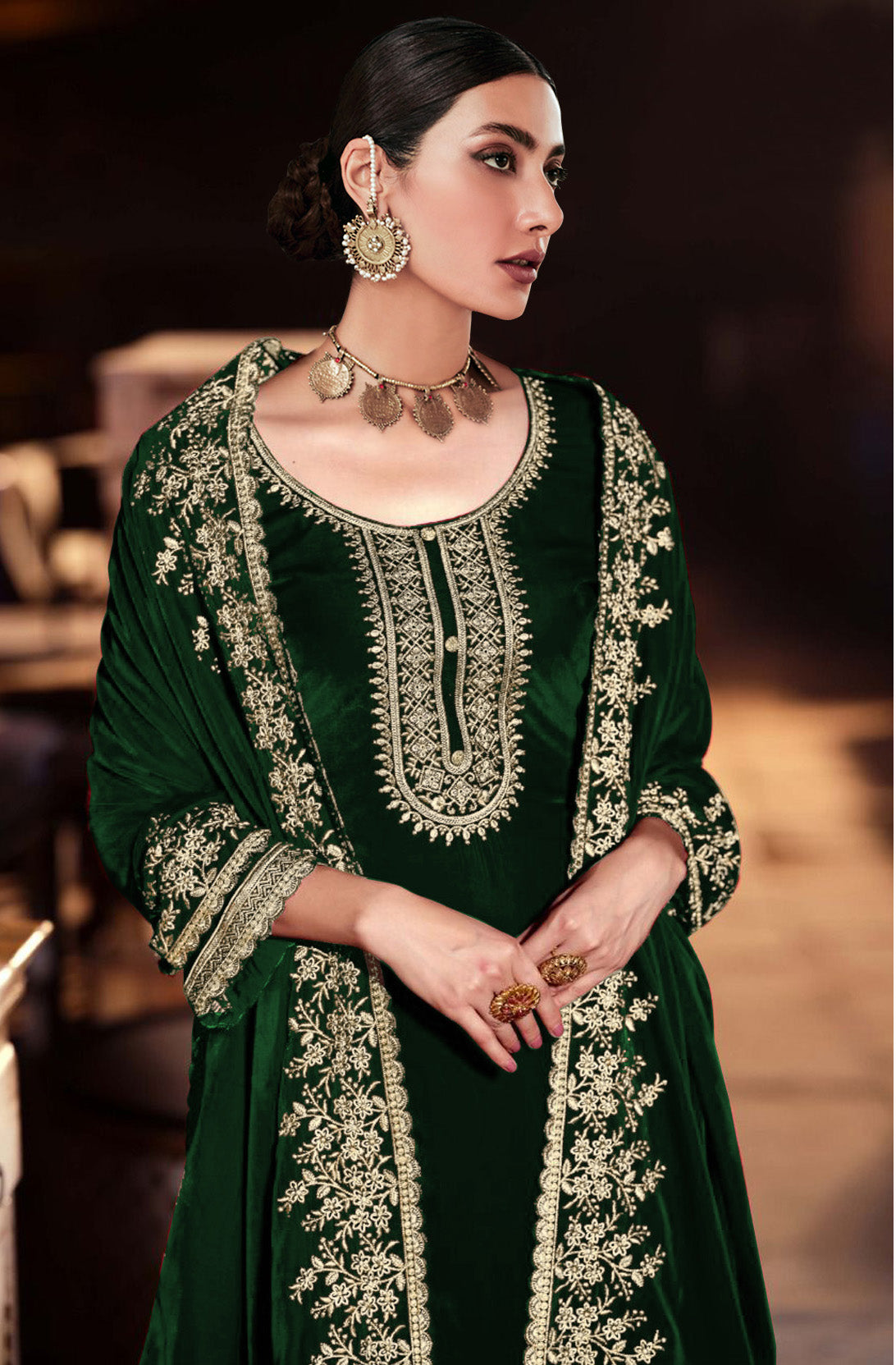Lorenvalley Fashion Women Green Velvet Embroidered Salwar Suit Material | Grocsy