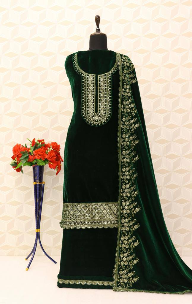 Lorenvalley Fashion Women Green Velvet Embroidered Salwar Suit Material | Grocsy