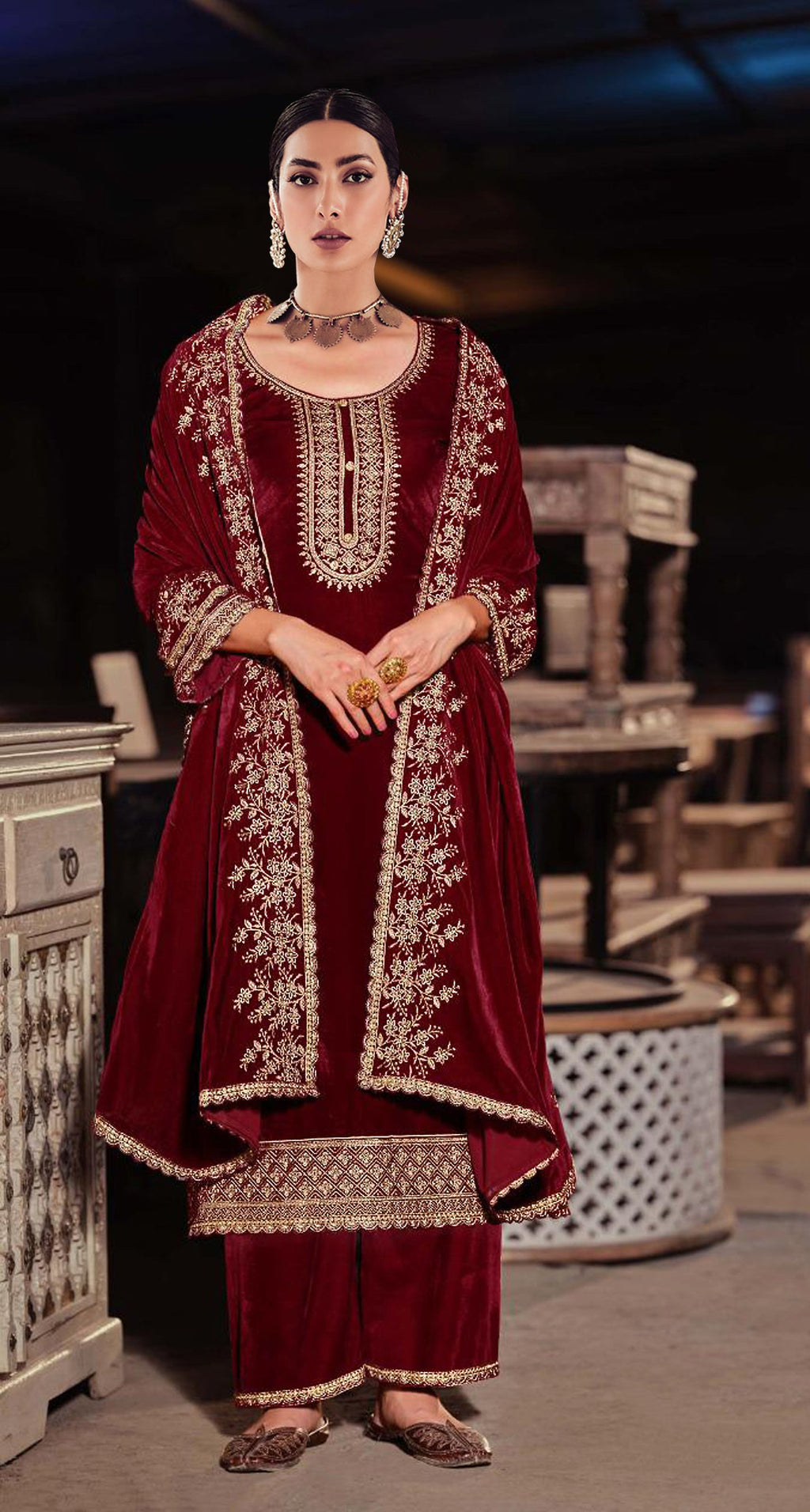 Lorenvalley Fashion Women Maroon Velvet Embroidered Salwar Suit Material | Grocsy