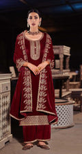 Lorenvalley Fashion Women Maroon Velvet Embroidered Salwar Suit Material | Grocsy