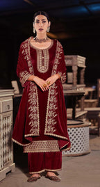 Lorenvalley Fashion Women Maroon Velvet Embroidered Salwar Suit Material | Grocsy