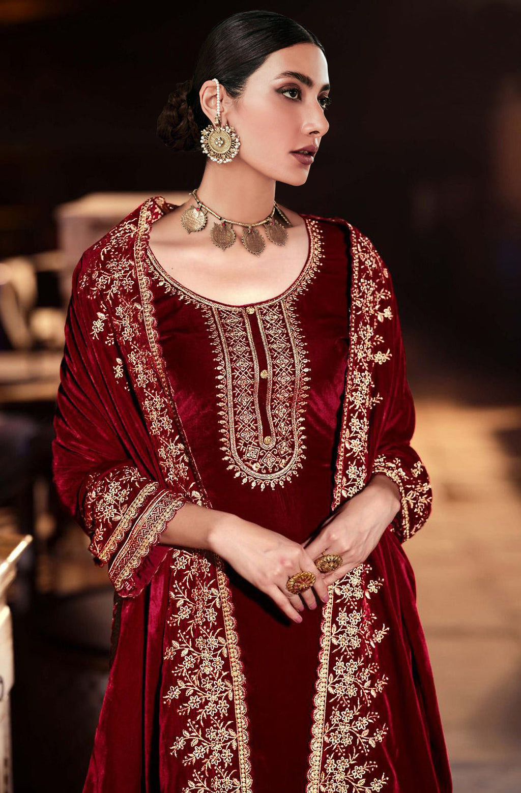 Lorenvalley Fashion Women Maroon Velvet Embroidered Salwar Suit Material | Grocsy