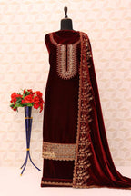 Lorenvalley Fashion Women Maroon Velvet Embroidered Salwar Suit Material | Grocsy