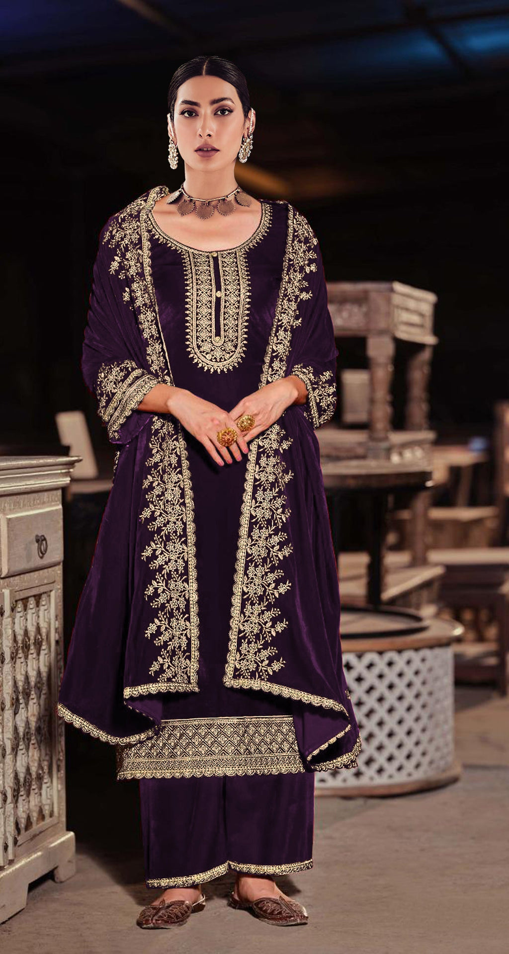 Lorenvalley Fashion Women Purple Velvet Embroidered Salwar Suit Material | Grocsy