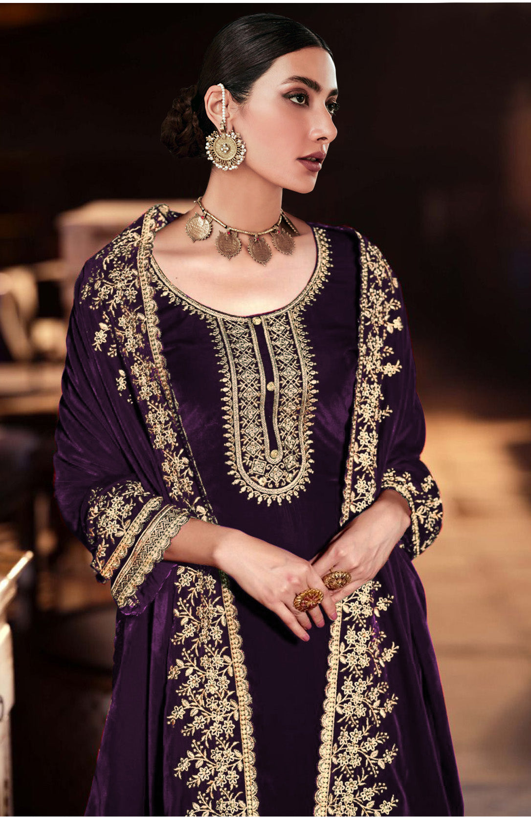 Lorenvalley Fashion Women Purple Velvet Embroidered Salwar Suit Material | Grocsy