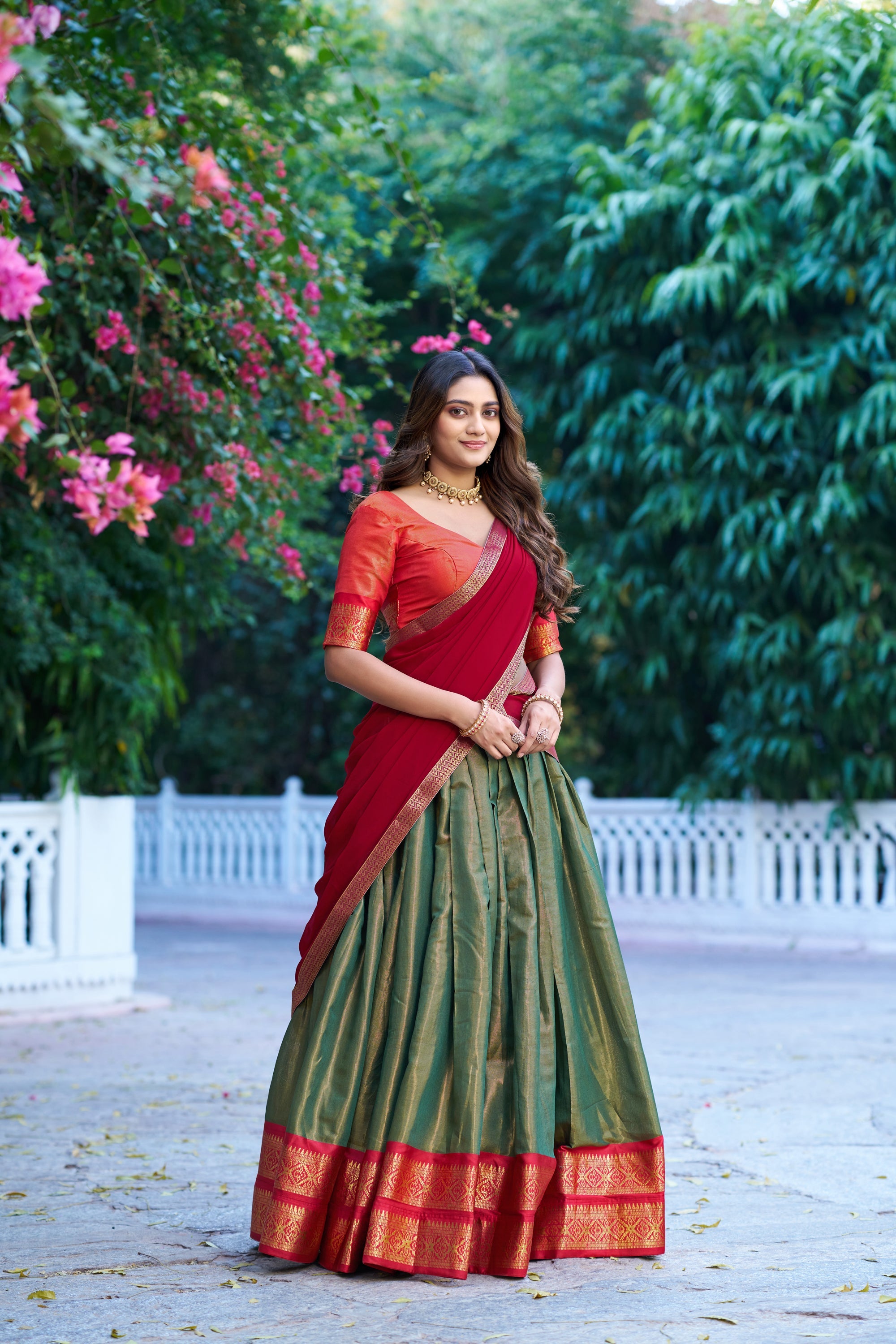 Lorenvalley Fashion Mehendi Kanchipuram Zari Weaving Work Lehenga Choli with Dupatta | Grocsy