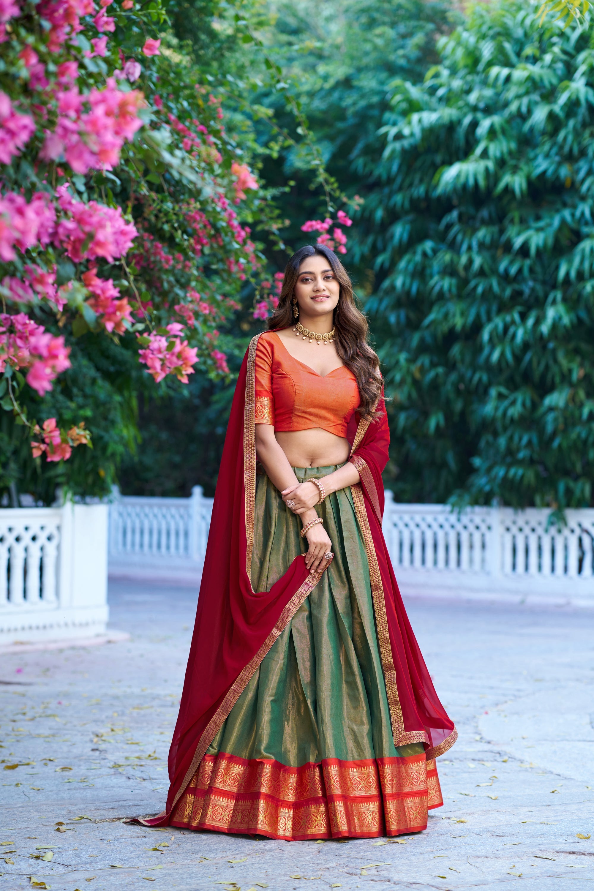 Lorenvalley Fashion Mehendi Kanchipuram Zari Weaving Work Lehenga Choli with Dupatta | Grocsy