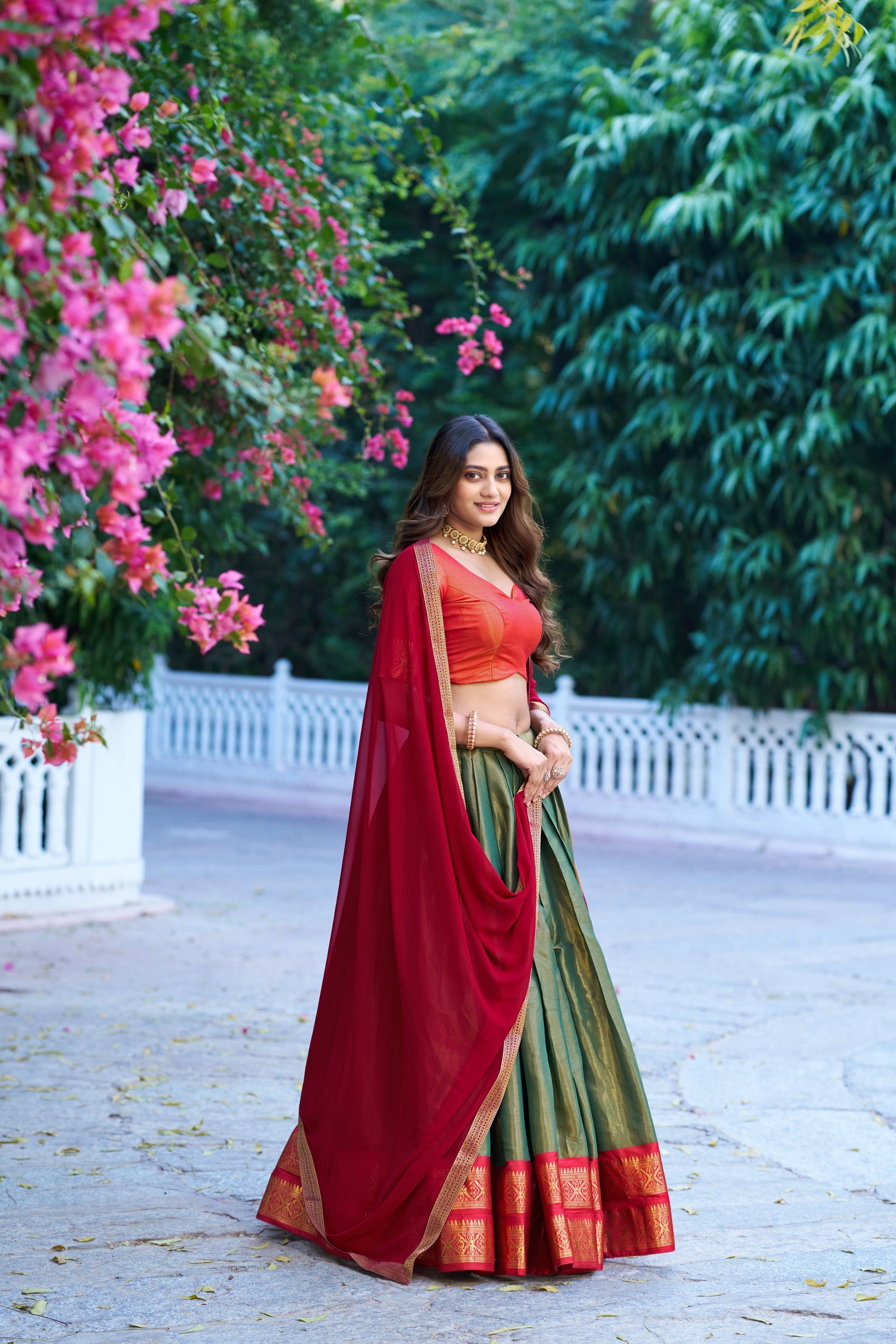Lorenvalley Fashion Mehendi Kanchipuram Zari Weaving Work Lehenga Choli with Dupatta | Grocsy