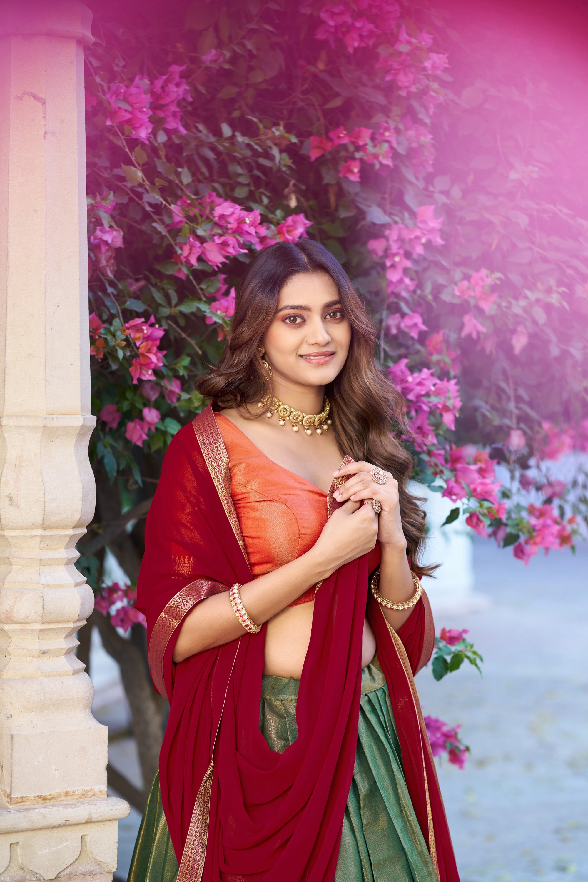 Lorenvalley Fashion Mehendi Kanchipuram Zari Weaving Work Lehenga Choli with Dupatta | Grocsy