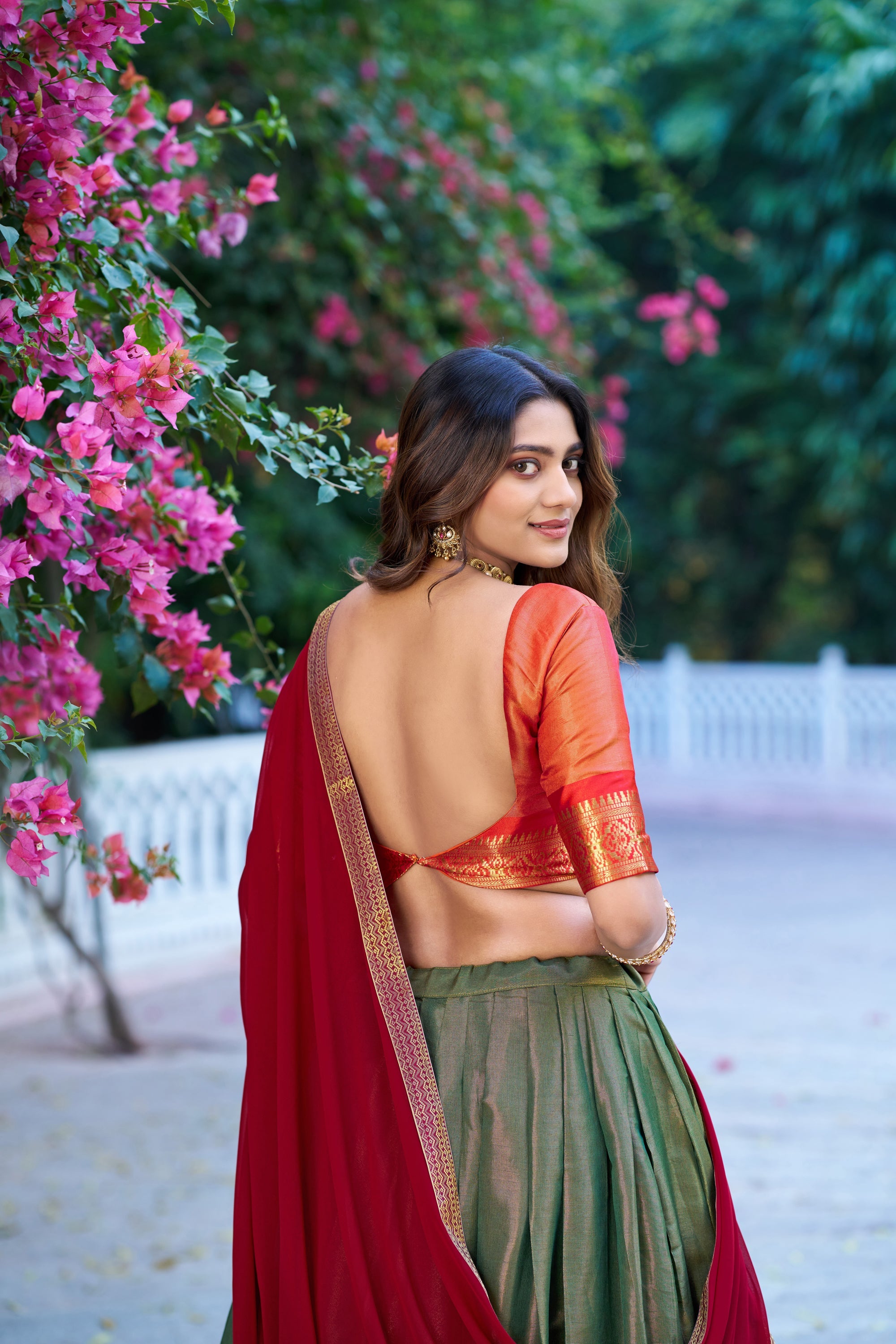Lorenvalley Fashion Mehendi Kanchipuram Zari Weaving Work Lehenga Choli with Dupatta | Grocsy