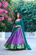 Lorenvalley Fashion Lavender Kanchipuram Zari Weaving Work Lehenga Choli with Dupatta | Grocsy