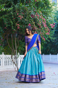 Lorenvalley Fashion Blue Kanchipuram Zari Weaving Work Lehenga Choli with Dupatta | Grocsy