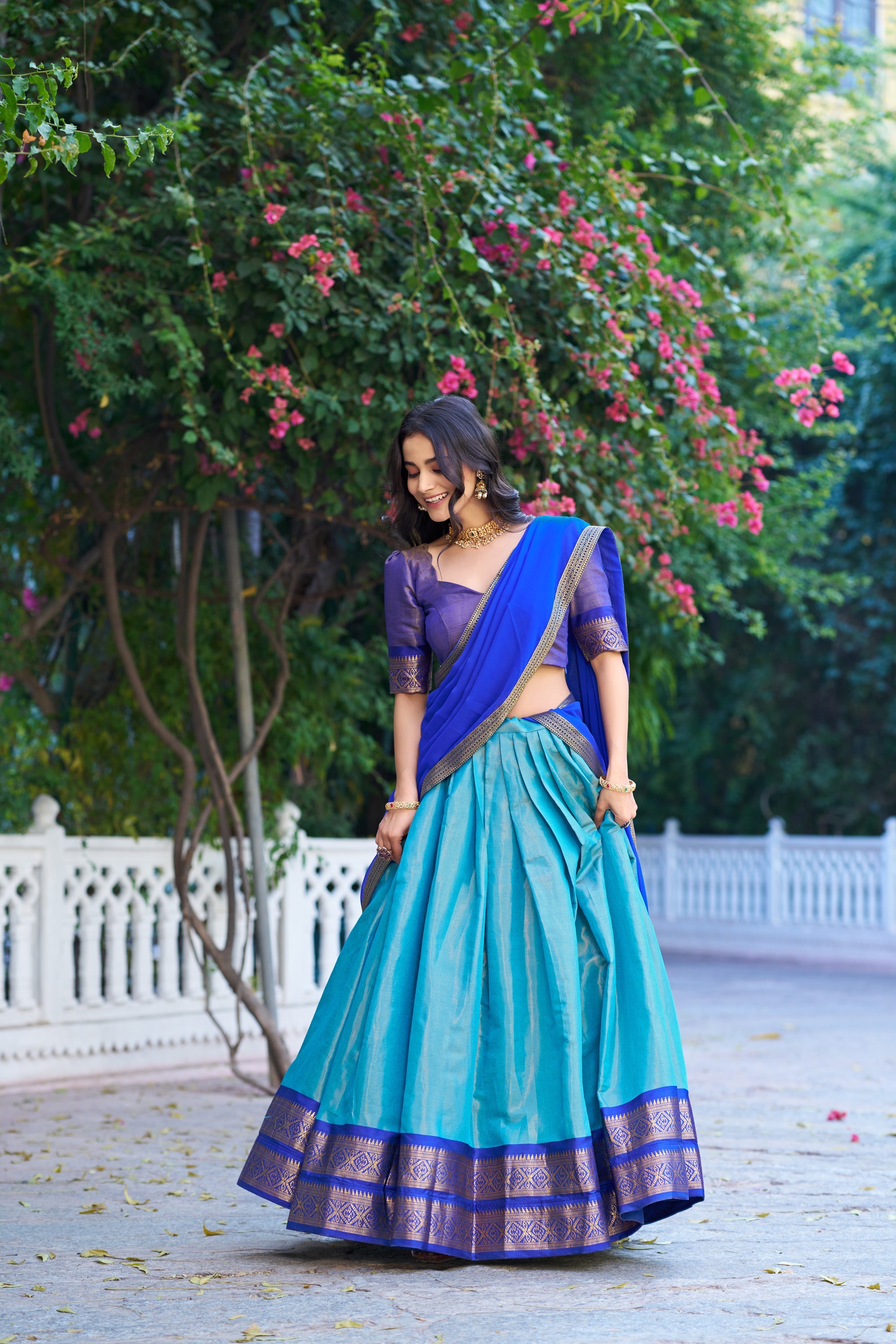 Lorenvalley Fashion Blue Kanchipuram Zari Weaving Work Lehenga Choli with Dupatta | Grocsy