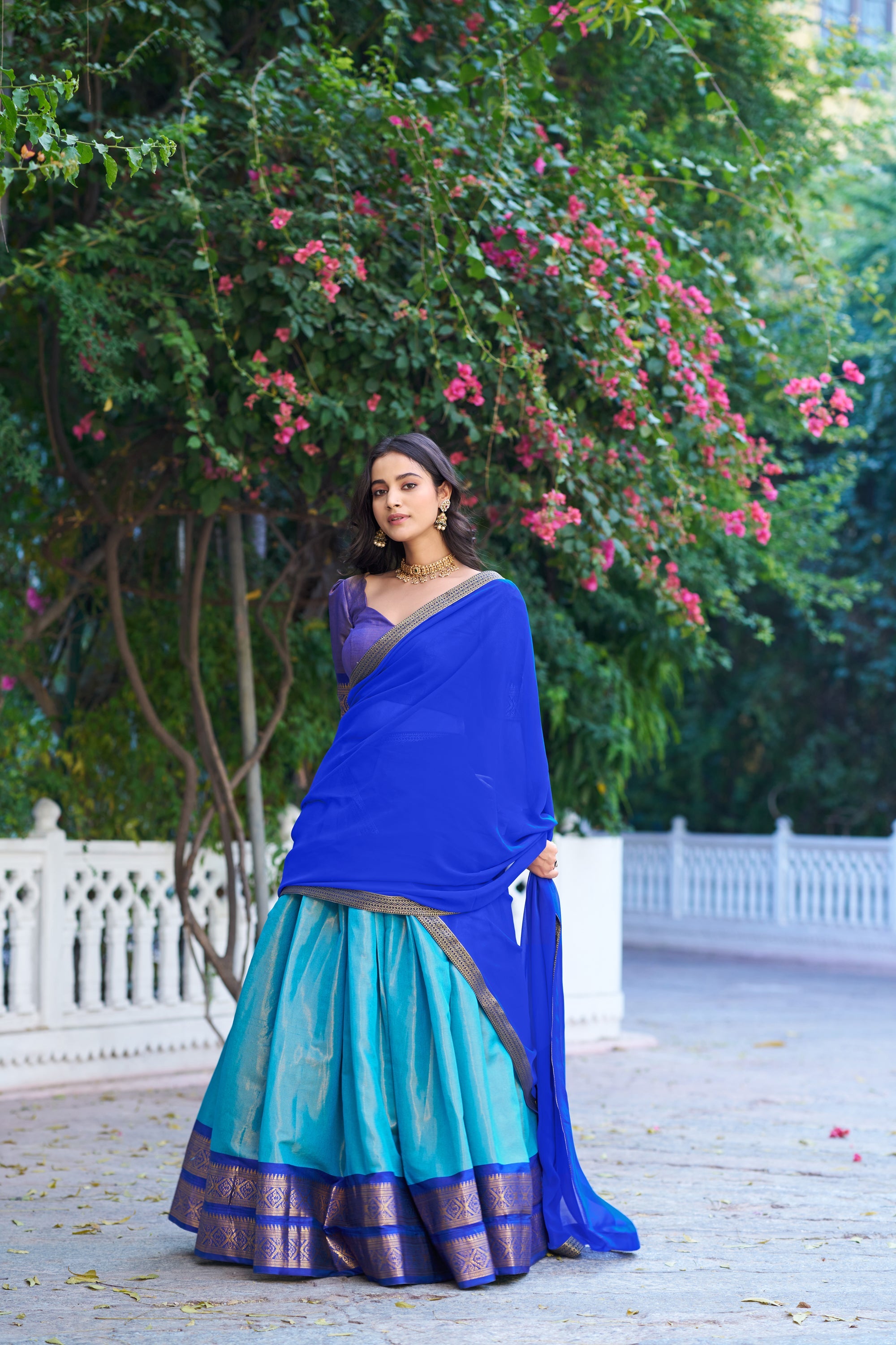 Lorenvalley Fashion Blue Kanchipuram Zari Weaving Work Lehenga Choli with Dupatta | Grocsy