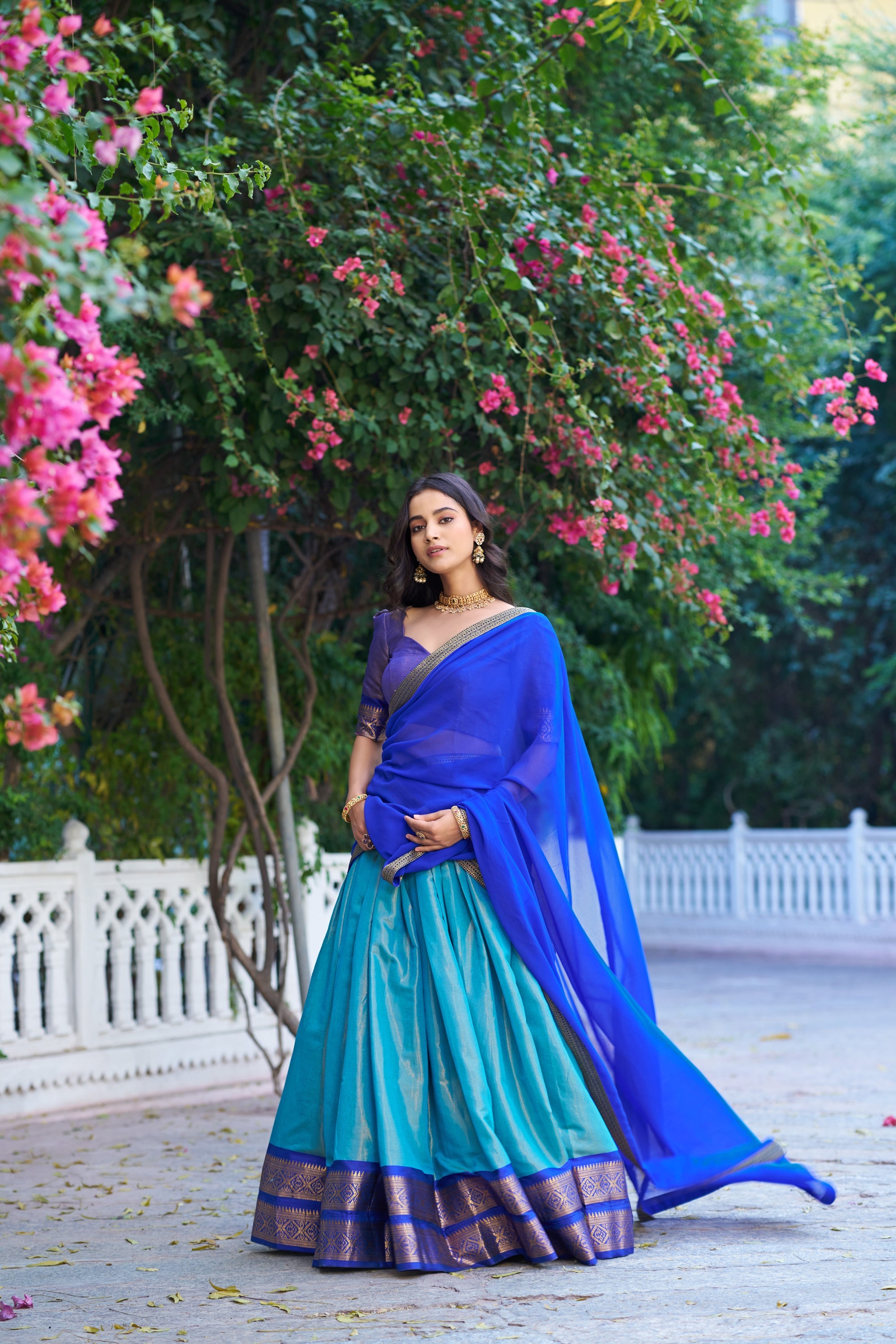 Lorenvalley Fashion Blue Kanchipuram Zari Weaving Work Lehenga Choli with Dupatta | Grocsy