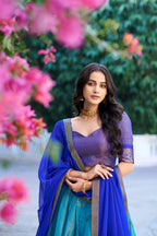Lorenvalley Fashion Blue Kanchipuram Zari Weaving Work Lehenga Choli with Dupatta | Grocsy