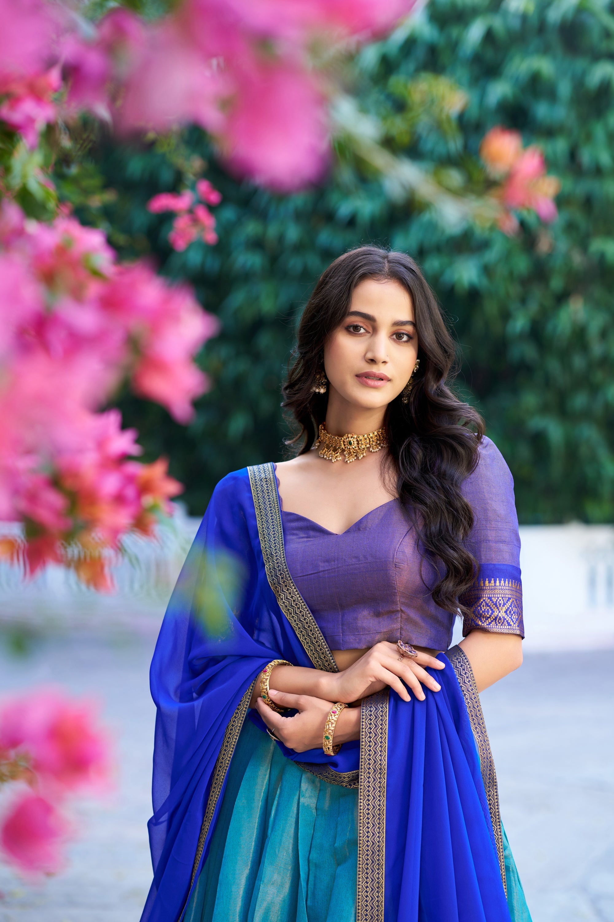 Lorenvalley Fashion Blue Kanchipuram Zari Weaving Work Lehenga Choli with Dupatta | Grocsy