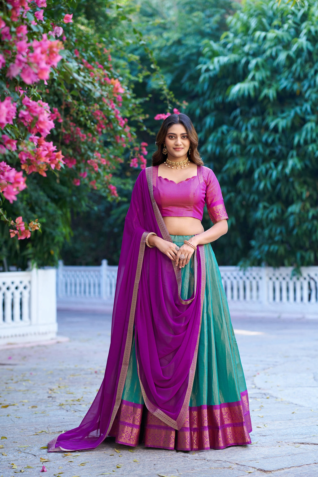 Lorenvalley Fashion Skyblue Kanchipuram Zari Weaving Work Lehenga Choli with Dupatta | Grocsy