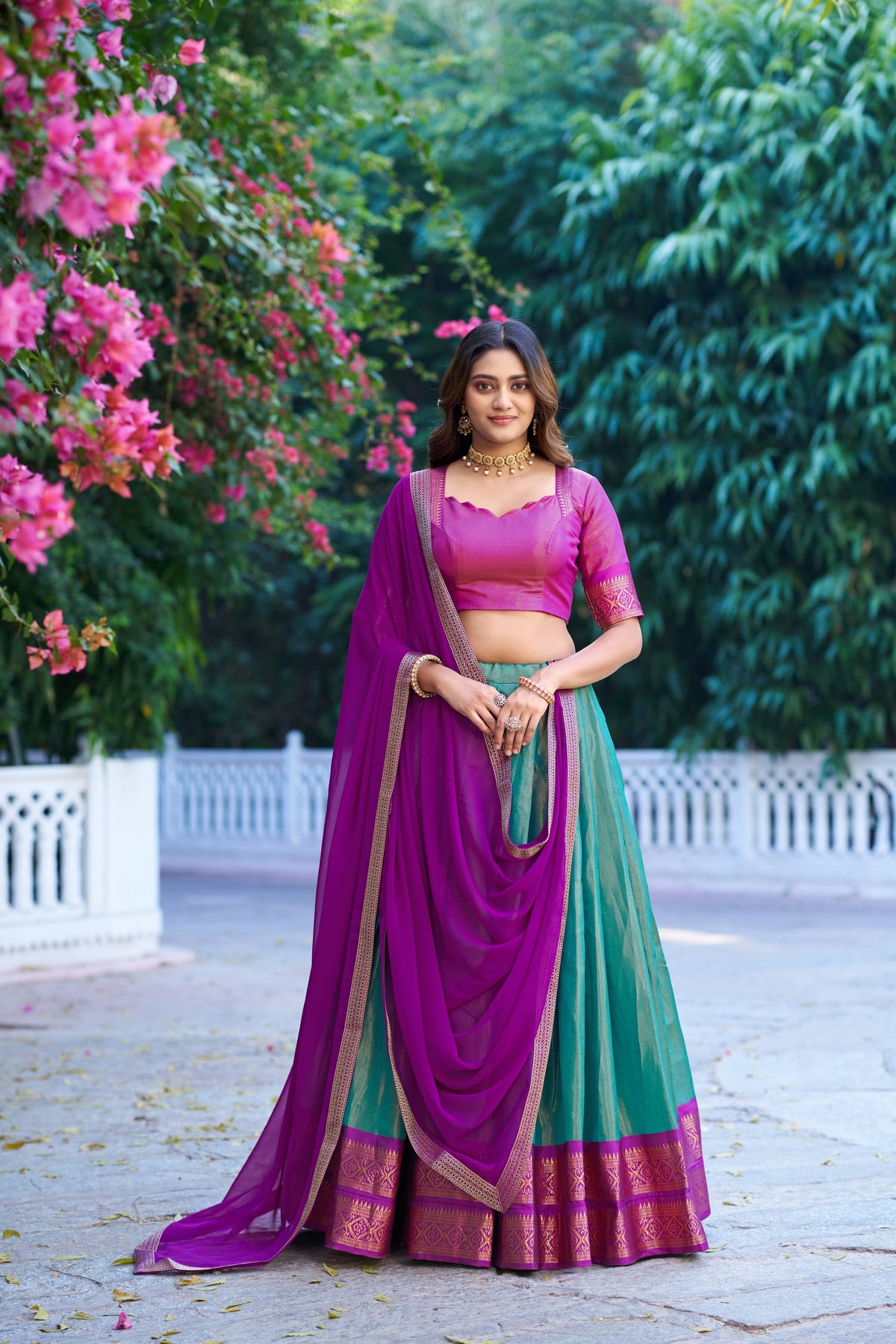 Lorenvalley Fashion Skyblue Kanchipuram Zari Weaving Work Lehenga Choli with Dupatta | Grocsy