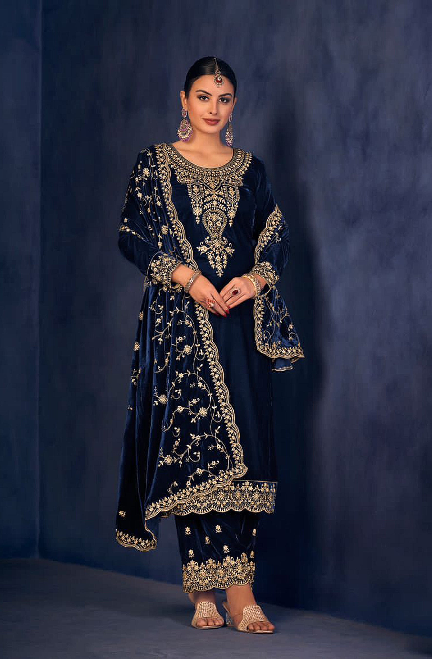 Lorenvalley Fashion Women Blue Velvet Embroidered Salwar Suit Material | Grocsy