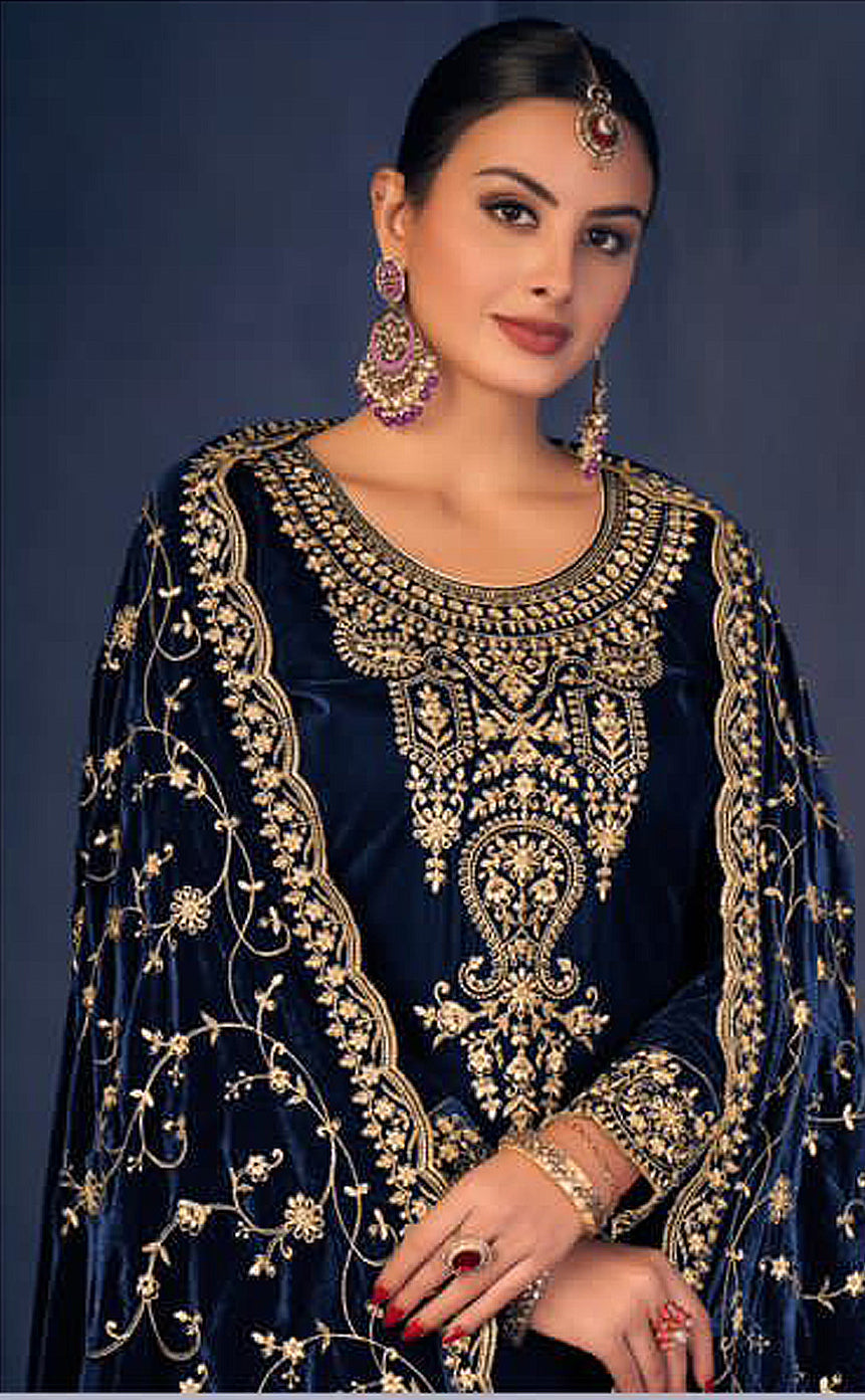 Lorenvalley Fashion Women Blue Velvet Embroidered Salwar Suit Material | Grocsy