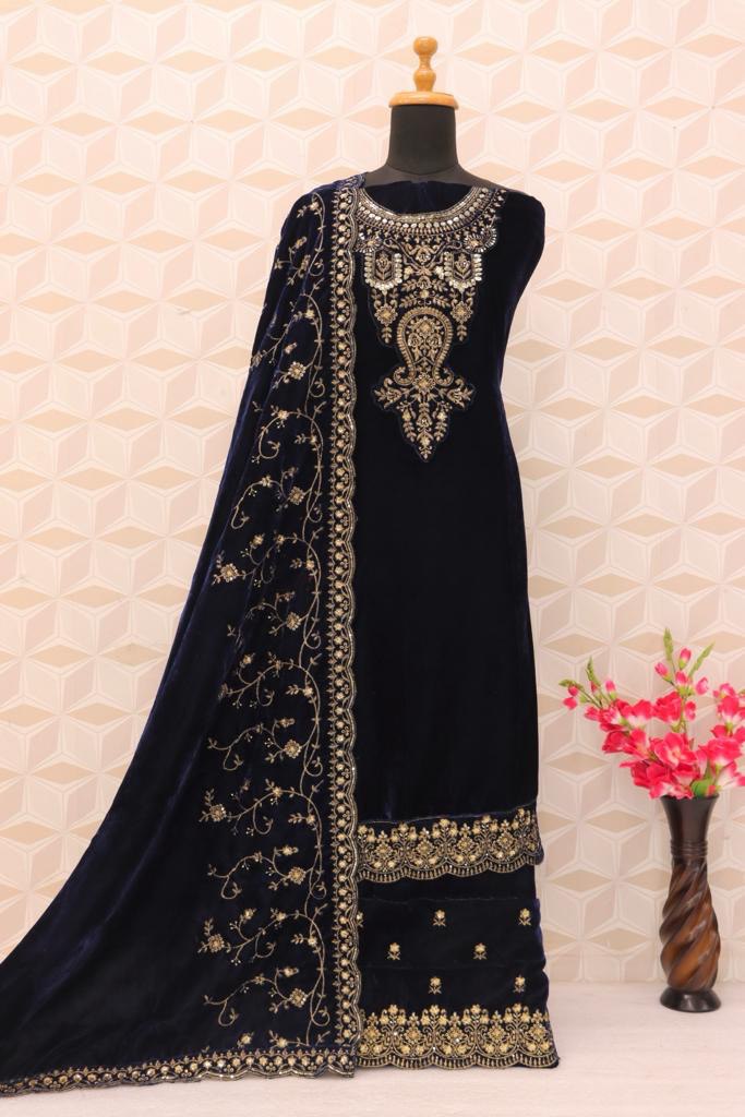 Lorenvalley Fashion Women Blue Velvet Embroidered Salwar Suit Material | Grocsy