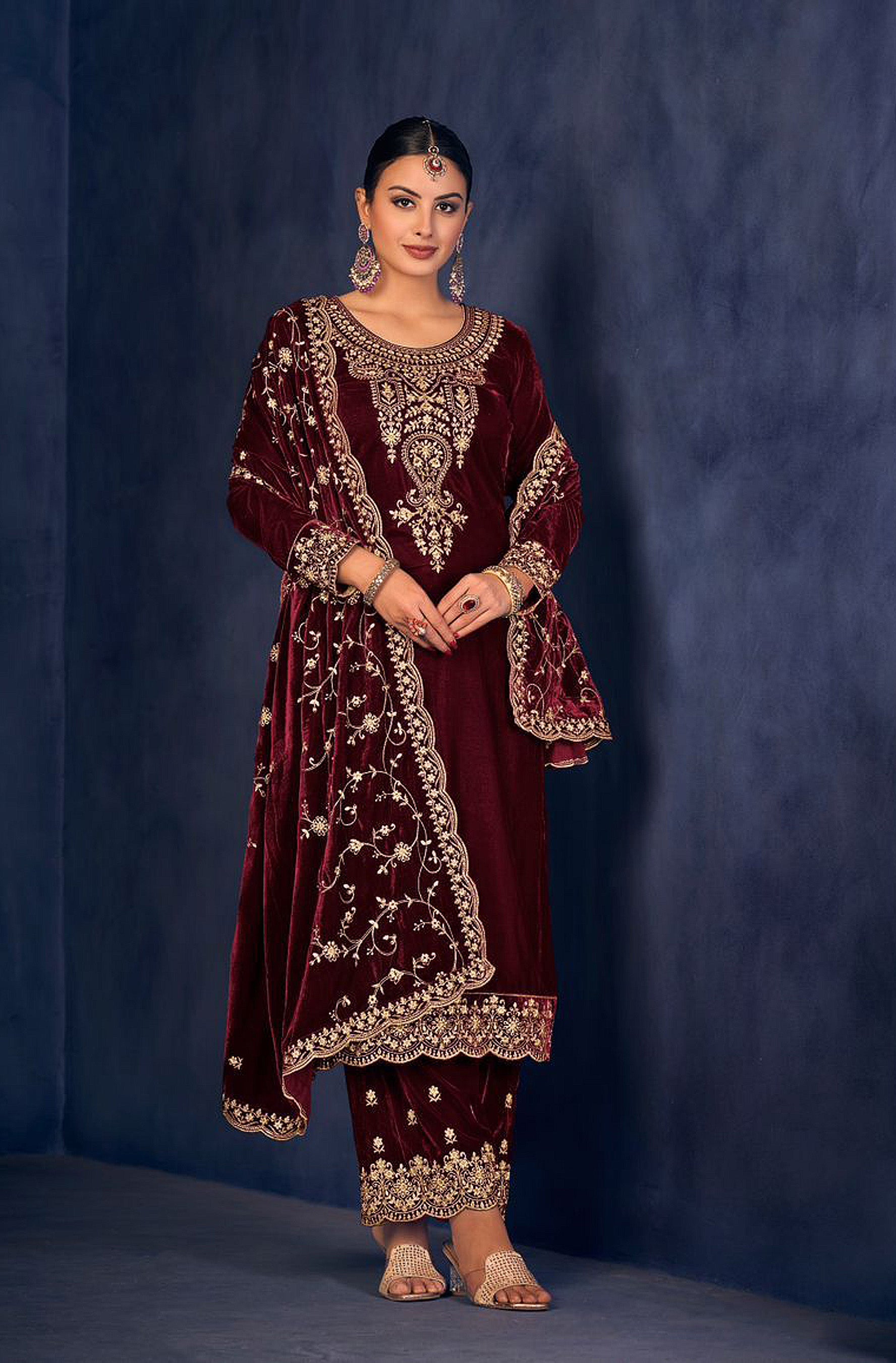 Lorenvalley Fashion Women Maroon Velvet Embroidered Salwar Suit Material | Grocsy