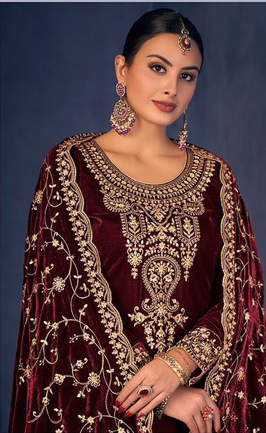 Lorenvalley Fashion Women Maroon Velvet Embroidered Salwar Suit Material | Grocsy