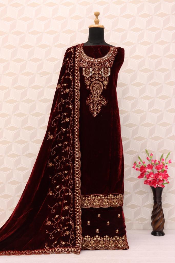 Lorenvalley Fashion Women Maroon Velvet Embroidered Salwar Suit Material | Grocsy