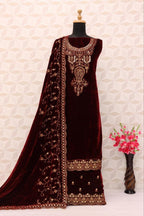 Lorenvalley Fashion Women Maroon Velvet Embroidered Salwar Suit Material | Grocsy