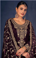 Lorenvalley Fashion Women Purple Velvet Embroidered Salwar Suit Material | Grocsy