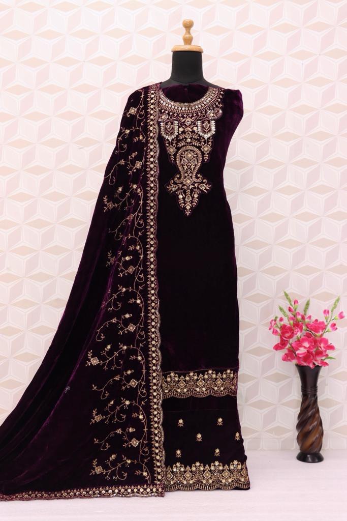 Lorenvalley Fashion Women Purple Velvet Embroidered Salwar Suit Material | Grocsy