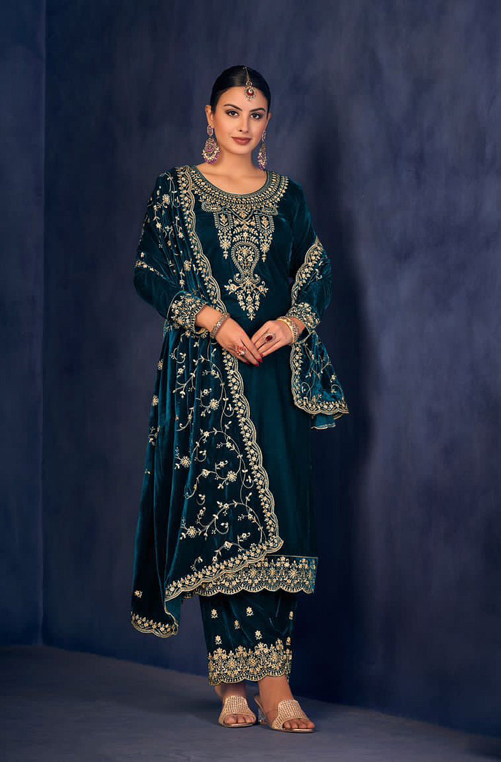Lorenvalley Fashion Women Rama Velvet Embroidered Salwar Suit Material | Grocsy