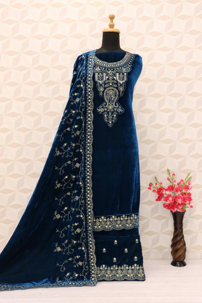 Lorenvalley Fashion Women Rama Velvet Embroidered Salwar Suit Material | Grocsy