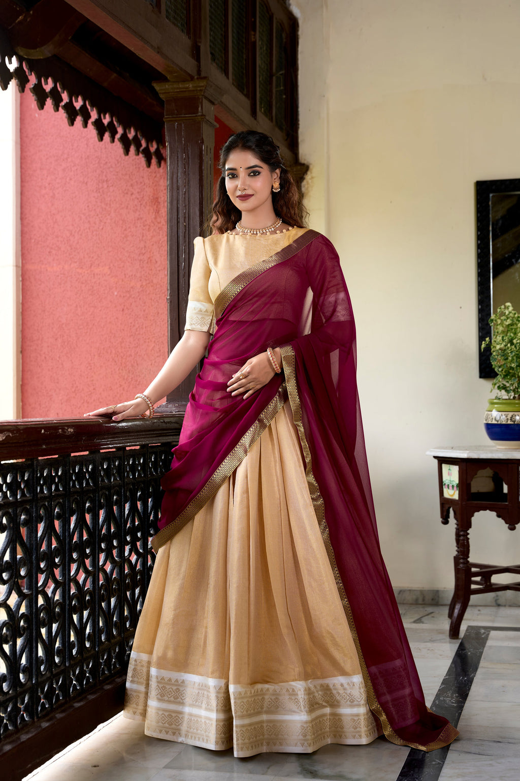 Lorenvalley Cream Kanchipuram Zari Weaving Work Lehenga Choli | Grocsy