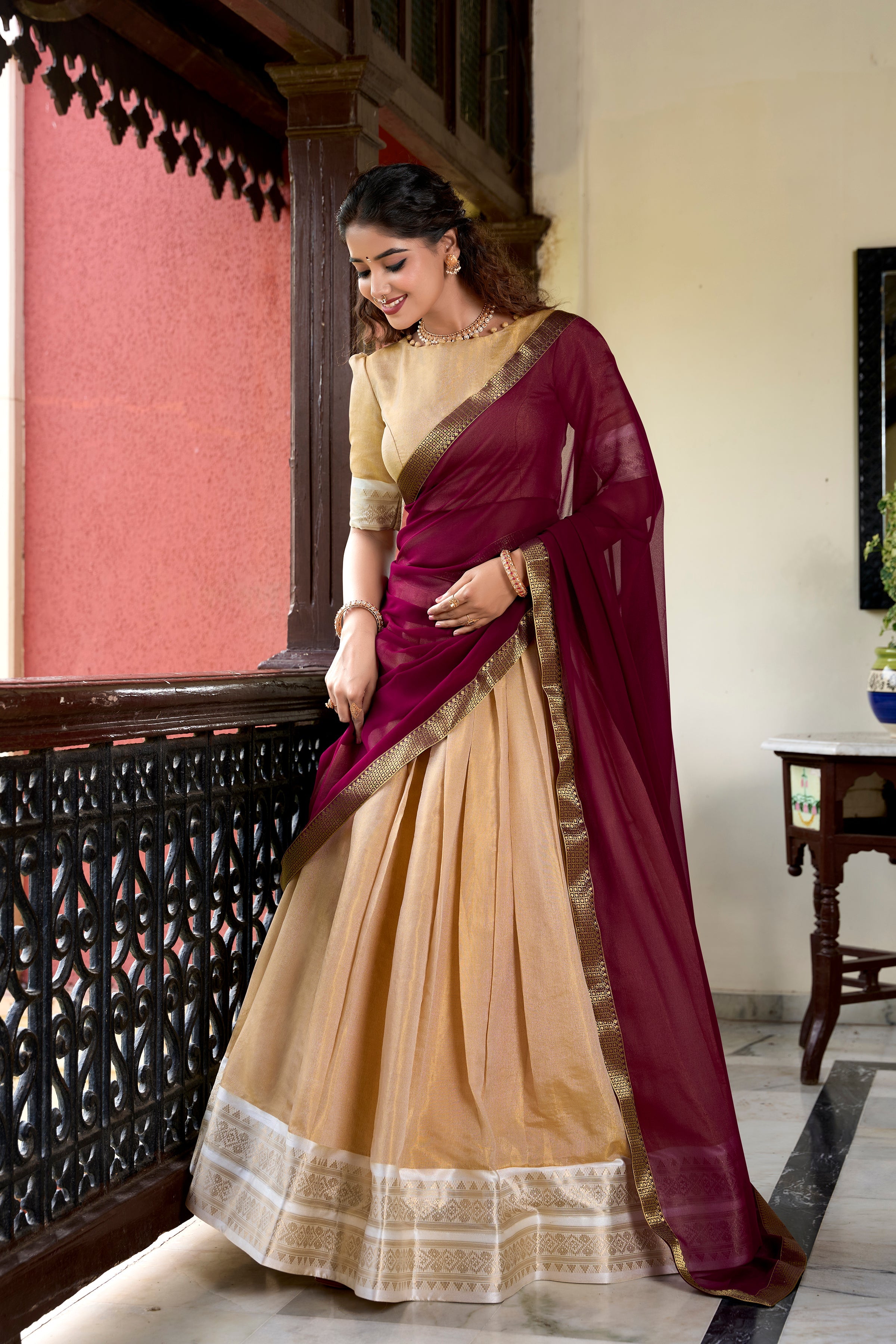 Lorenvalley Cream Kanchipuram Zari Weaving Work Lehenga Choli | Grocsy