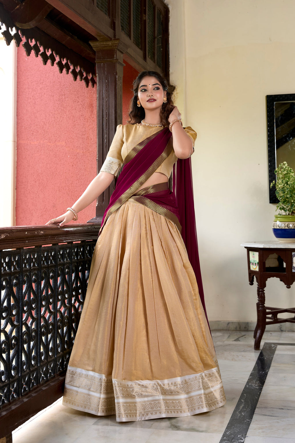 Lorenvalley Cream Kanchipuram Zari Weaving Work Lehenga Choli | Grocsy