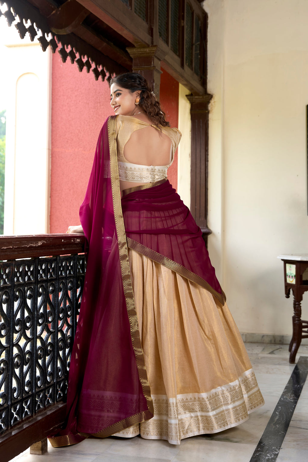 Lorenvalley Cream Kanchipuram Zari Weaving Work Lehenga Choli | Grocsy