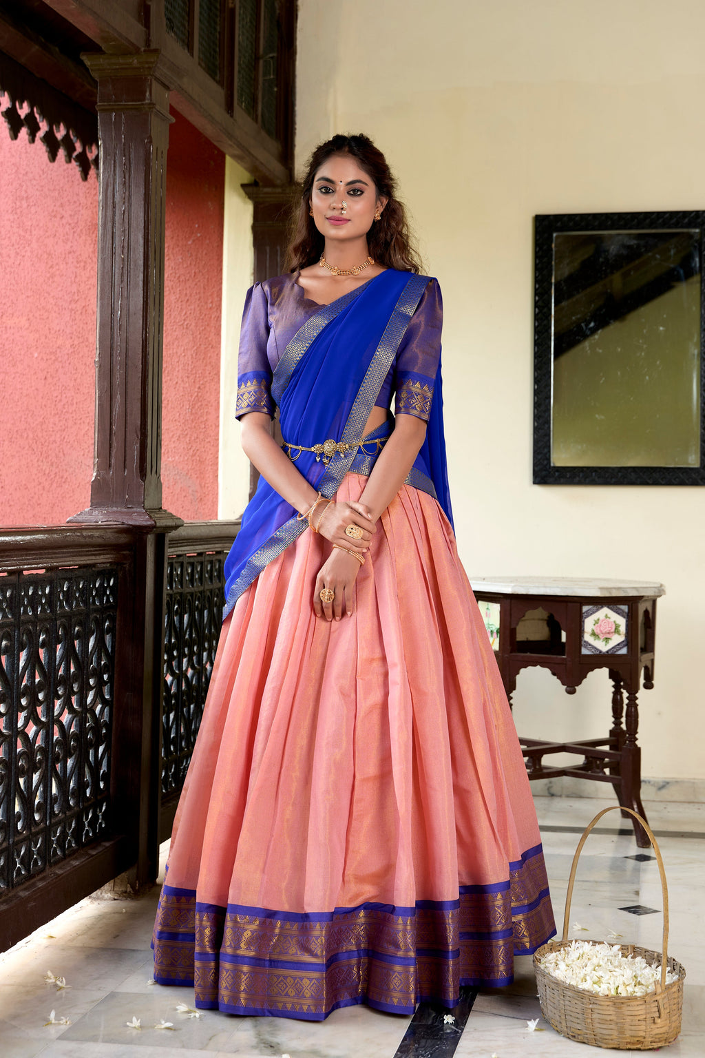 Lorenvalley Peach Kanchipuram Zari Weaving Work Lehenga Choli | Grocsy