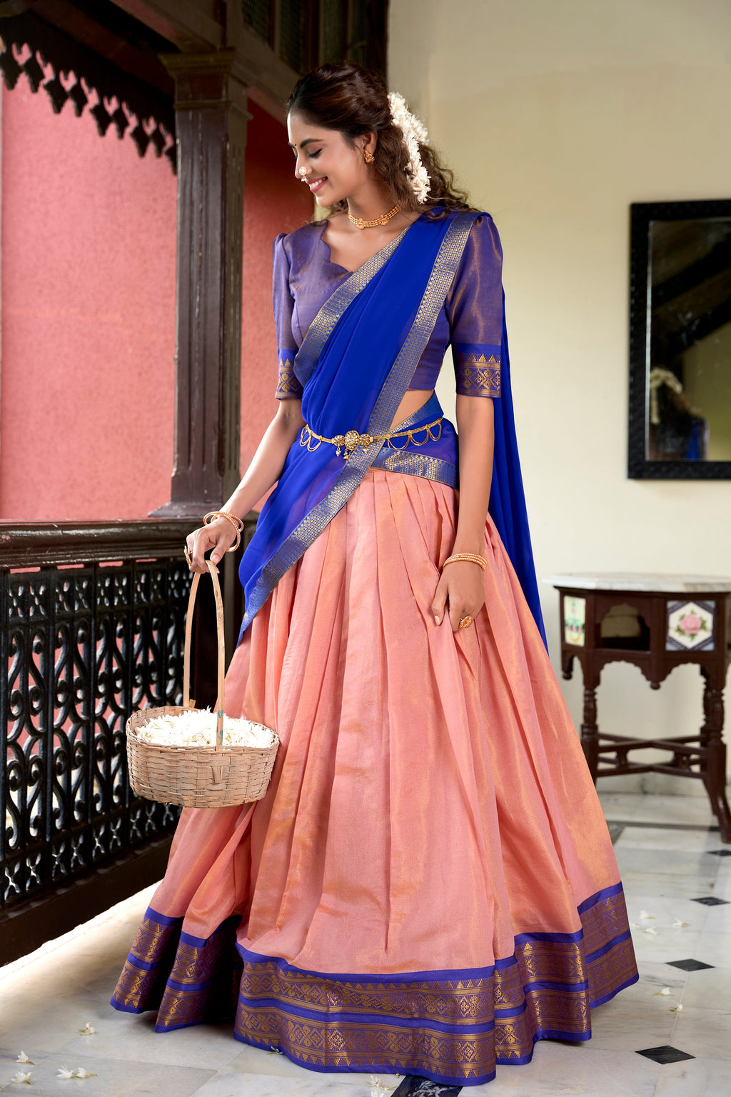 Lorenvalley Peach Kanchipuram Zari Weaving Work Lehenga Choli | Grocsy