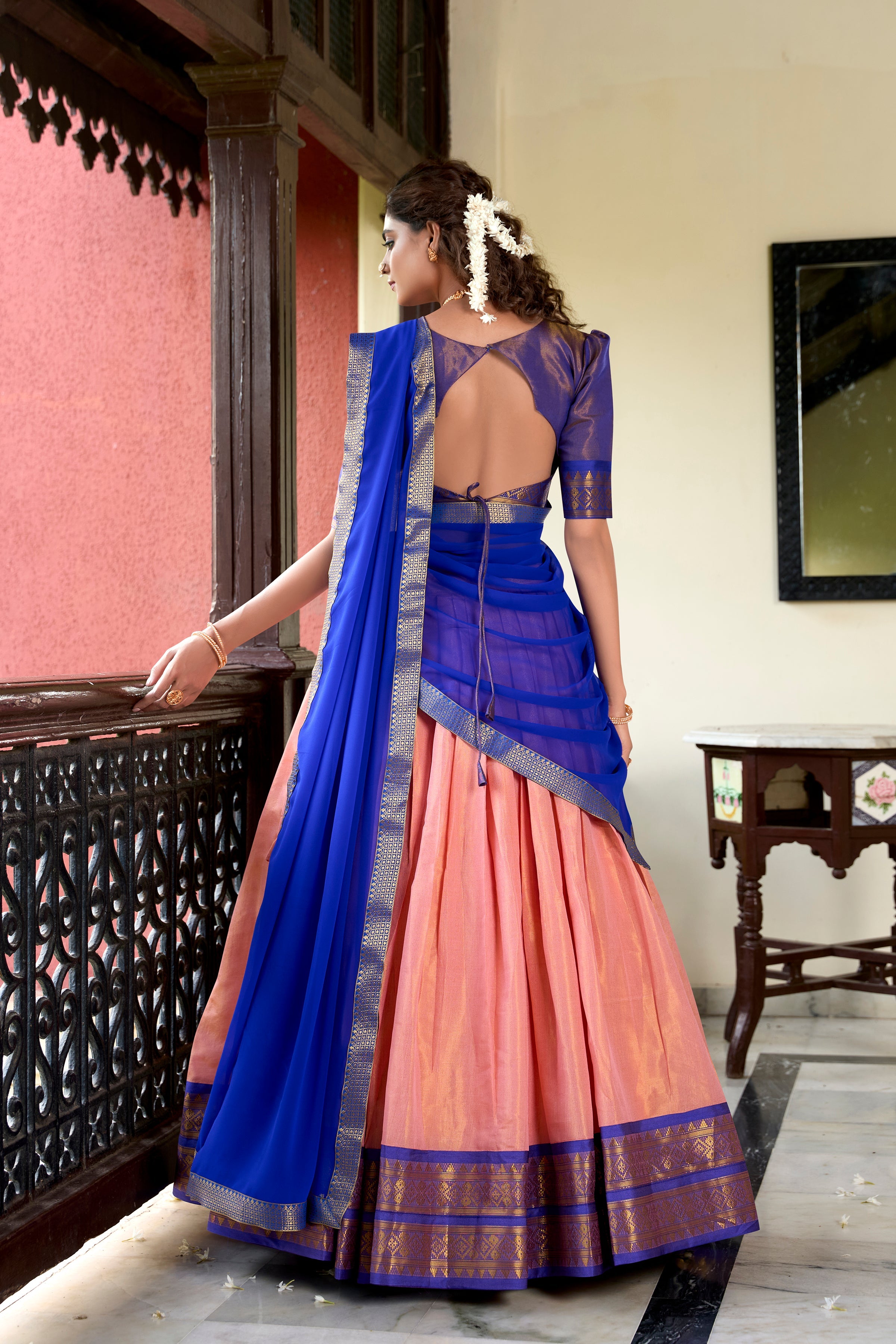 Lorenvalley Peach Kanchipuram Zari Weaving Work Lehenga Choli | Grocsy